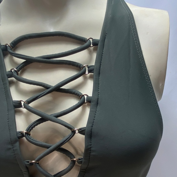 Forever 21 Womens One Piece Swim Suit Medium Forest Green Lace Front Back Zipper - Picture 4 of 16